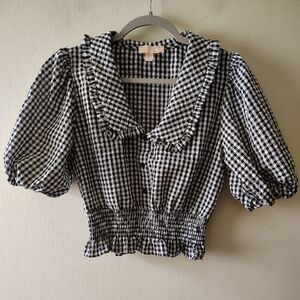 Charmed Hearts Black White Plaid Cottage Puff Sleeve Prairie Boho Crop Top Small